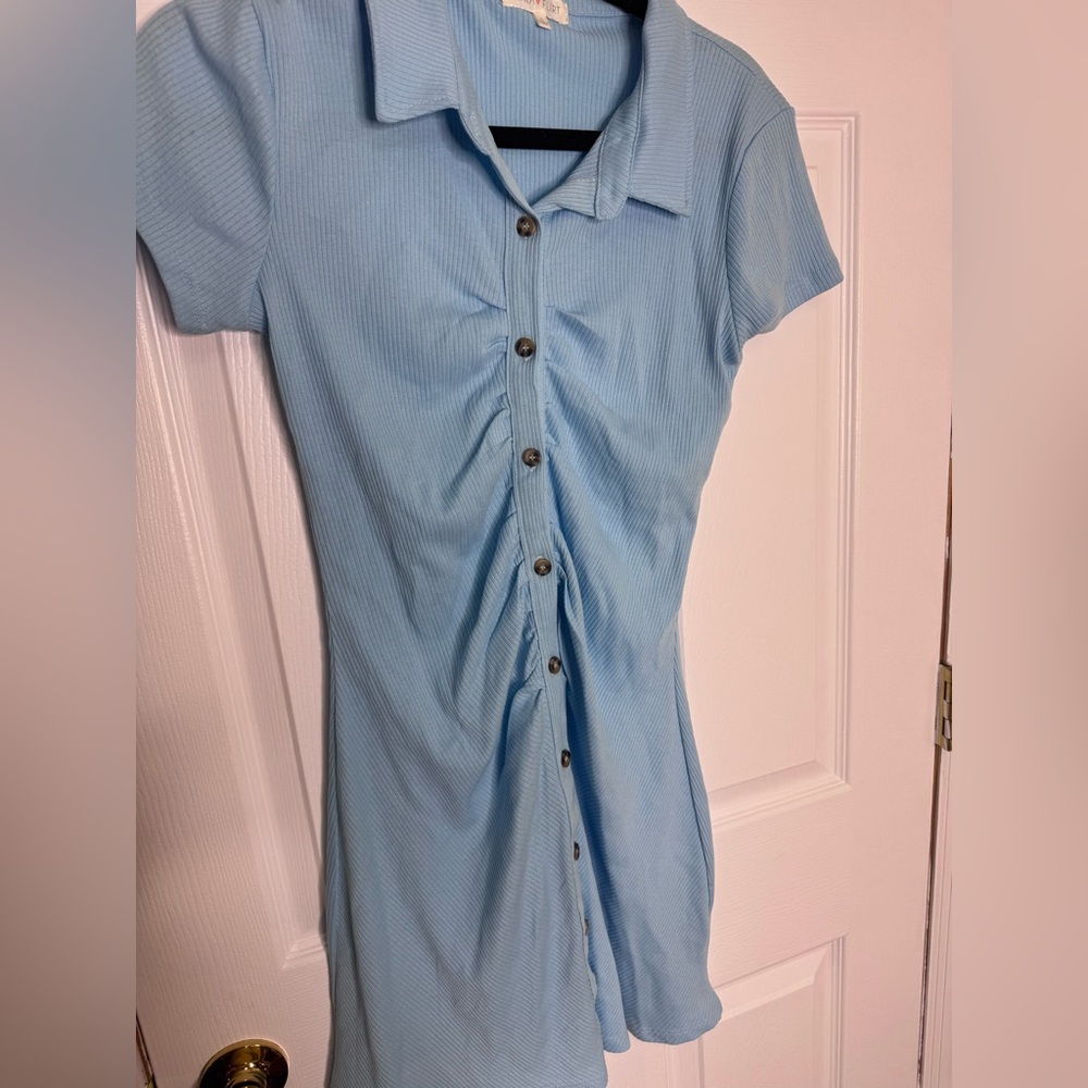 Light Blue Ribbed Button-Front Dress - Picture 2 of 5